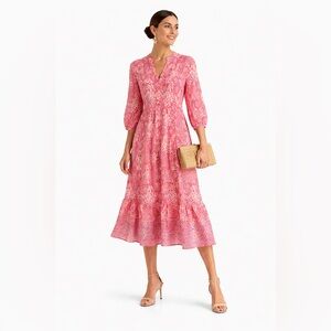 ZARA Pink Ikat Midi Dress Cotton Boho Tiered Button Front Puff Sleeve XS